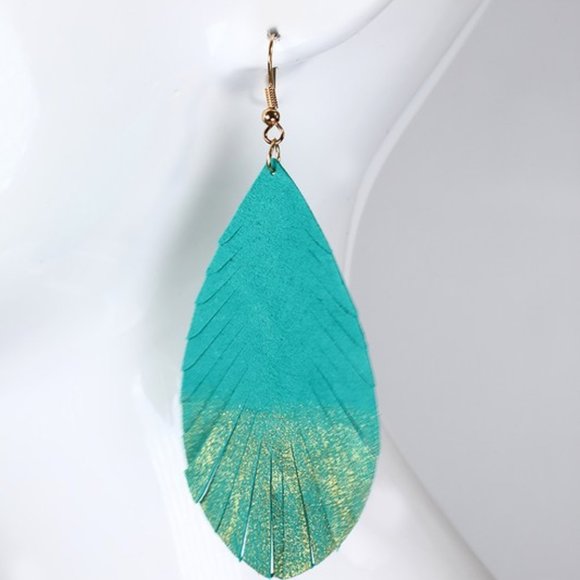 Boho Chic Golden Leather Metallic Drop Earrings - Picture 4 of 4